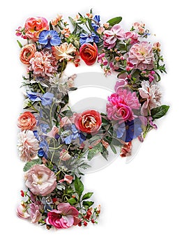 Flower font alphabet P made of colorful floral letter on white background