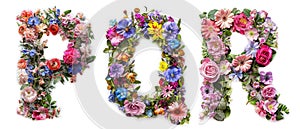 Flower font alphabet P, Q, R made of colorful floral letters on white background