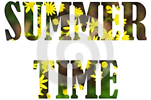 Flower font Alphabet SUMMER TIME made of Real alive yellow flowers background. Concept of flowering, summer