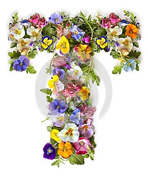 Flower font alphabet T made of colorful floral letter on white background
