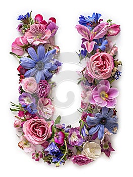 Flower font alphabet U made of colorful floral letter on white background