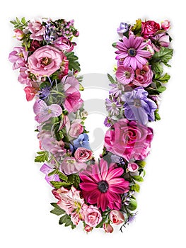 Flower font alphabet V made of colorful floral letter on white background