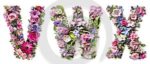 Flower font alphabet V, W, X made of colorful floral letters on white background