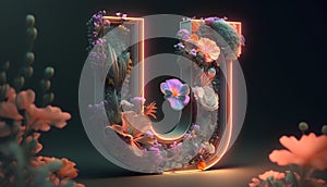 Flower font. Letter J. 3D rendering. Neon alphabet