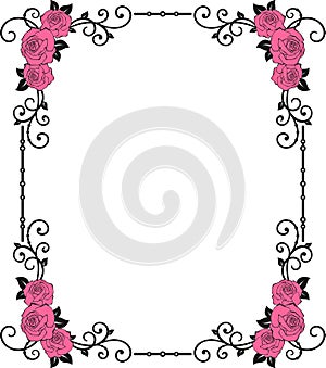 Flower frame border of pink roses with leaves and curls