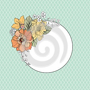 Flower frame. Floral vintage background with greeting card.