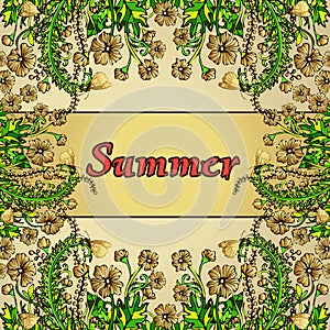 Flower frame, gold border, card, summer ornament in the style boho chic
