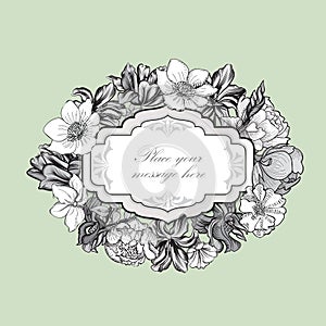 Flower frame. Vintage floral border. Old style card. Flourish vi