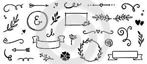 Flower frame, vintage ribbon doodle element. Hand drawn doodle cute floral border, arrow, banner ribbon set. Wedding