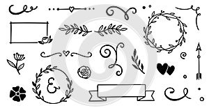 Flower frame, vintage ribbon vector element. Hand drawn doodle cute floral border, arrow, banner ribbon set. Wedding
