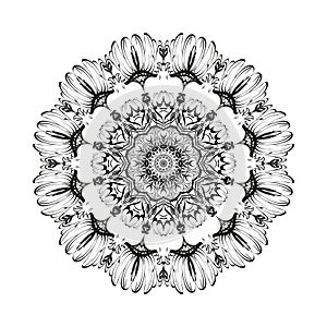 Flower fruit monochrome botanical vector mandala of ripe pomegranate is isolated on a white background. Decorative east element.