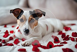 flower full red love background dog russell lying mouth rose petals bed Jack day
