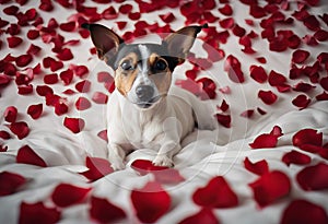 flower full red love background dog russell lying mouth rose petals bed Jack day