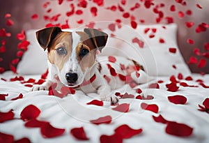 flower full red love background dog russell lying mouth rose petals bed Jack day