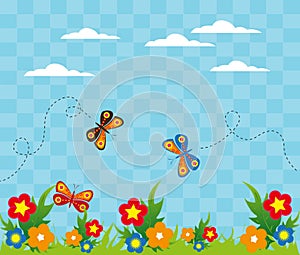 Flower garden with butterflies background