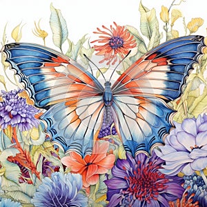 Flower garden with a large colourful butterfly