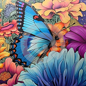 Flower garden with a large colourful butterfly