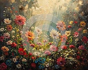 Flower garden at sunrise beautiful royalty-free painting in oils