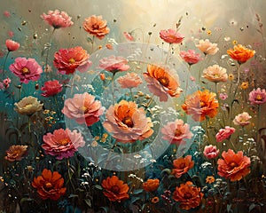 Flower garden at sunrise beautiful royalty-free painting in oils