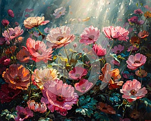 Flower garden at sunrise beautiful royalty-free painting in oils