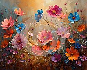 Flower garden at sunrise beautiful royalty-free painting in oils