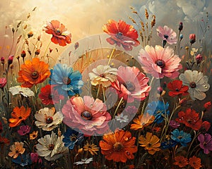 Flower garden at sunrise beautiful royalty-free painting in oils