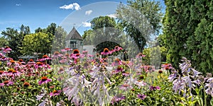Flower garden beside windmill