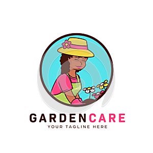 Flower gardening landscape and lawncare logo with humble african gardener woman mascot icon illustration vector photo