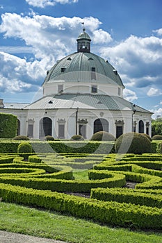 Flower gardens in french style and rotunda building in Kromeriz, Czech republic, Europe