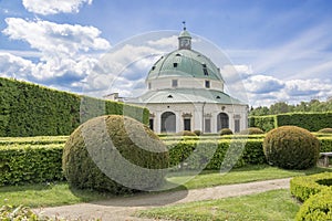 Flower gardens in french style and rotunda building in Kromeriz, Czech republic, Europe