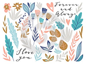 Flower graphic design. Vector set of floral elements with hand drawn flowers and love lettering. Cute wedding collection.