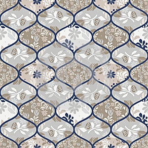 Flower gray beige seamless vector pattern with blue fence tiles.