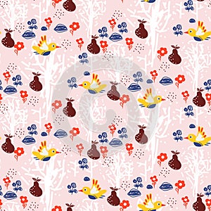 Flower hand drawn pink seamless vector pattern.