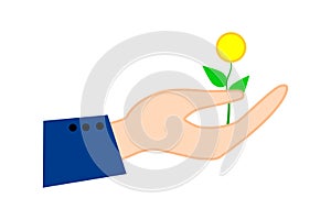 flower on hand icon. Plant leaf sign. Organic concept. Ecology concept. Vector illustration. Stock image.