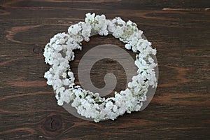 Flower head of reeves spirea in a wooden background