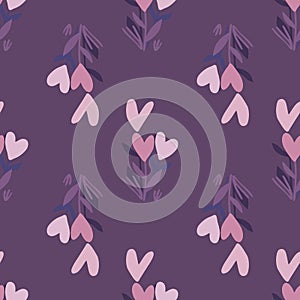Flower hearts doodle hand drawn seamless pattern. Purple background. Pink and lilac floral ornament