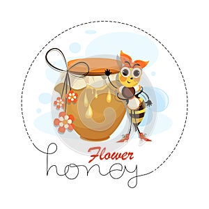 Flower honey. Proprietress bee. Hostess bee. Vector honey label, emblem design. Concept for organic honey products.
