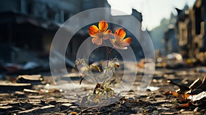 A Flower of Hope in city with buildings destroyed. Generative AI.