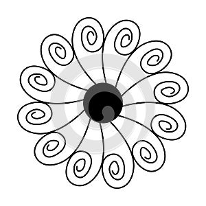 flower icon black line isolated on a white background, petals in the form of a curl, circular ornament, mandala, childrens drawing