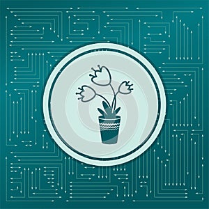 Flower icon on a green background, with arrows in different directions. It appears on the electronic board.