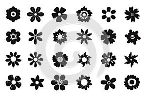 Flower icon silhouettes isolated on white background. Simple daisy flowers black silhouettes set. Flowers head symbol