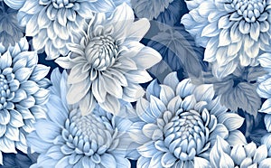 flower illustration design floral seamless vintage plant leaf blue background pattern. Generative AI.