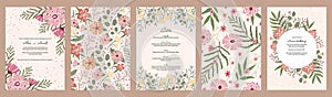 Flower invitations. Autumn wedding frame, pattern card or menu art cover, sage floral poster, girl dahlia bouquet