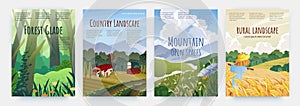 Flower landscape. Mountain and meadow scenery. Farm field. Nature panorama posters set. Forest plants. Village farmland