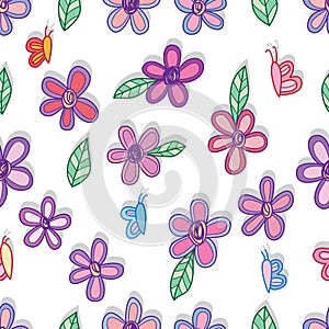 Flower leaf butterfly doodle style seamless pattern