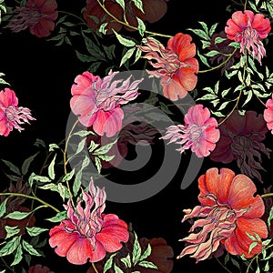 Flower with leaves on a black background. Seamless pattern. Drawing with crayons and ink.