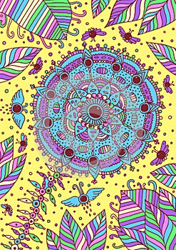 Flower, leaves, flies and sky - fantastic psychedelic background in yellow and blue colors. Hand drawn illustration. Vector