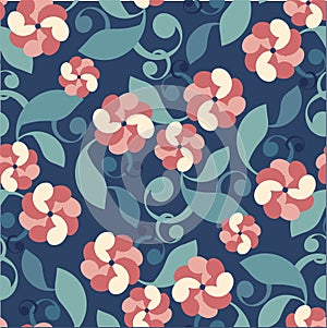 Flower leaves seamless pink green pattern on darck blue stock vector illustration