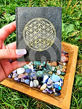 FLOWER OF LIFE BOOK with Gems Polished Healing Spiritual Tree Water Nature