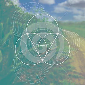 Flower of life - the interlocking circles ancient symbol in front of blurred photorealistic nature background. Sacred